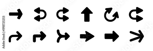Arrows icon set with black directional symbols, curved and straight pointers, rotation and reload signs for UI navigation, infographic elements, web and app design