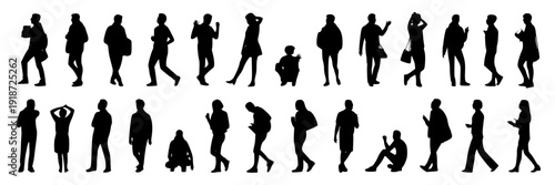 People diverse crowd silhouettes with various poses and activities in black and white featuring walking, standing, sitting with running and holding elements for cellphone, bag projects, clean