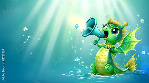A water dragon excitedly speaks into a large megaphone
