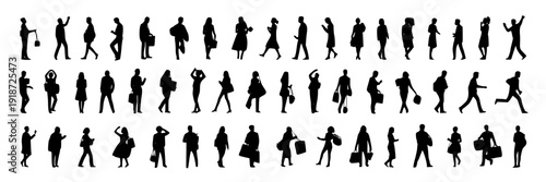 People diverse crowd silhouettes with various poses and activities featuring black, walking, running with standing and sitting elements for holding, bags projects, clean composition on simple