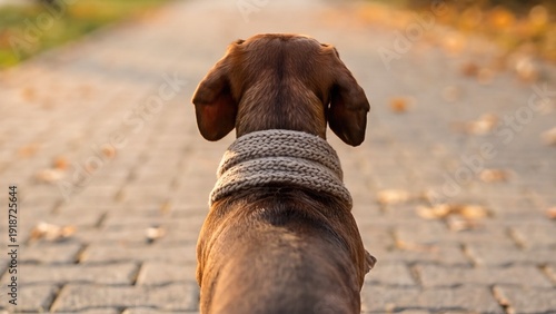Wallpaper Mural Dachshund dog walking on leaf-covered path wearing knitted scarf. Cozy autumn stroll in warm golden sunlight. Pet adventure and seasonal nature exploration for fall imagery Torontodigital.ca