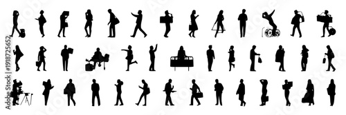 People silhouettes set with diverse activities and poses in black and white featuring crowd, walking, running with sitting and standing elements for dancing, playing projects, clean composition on