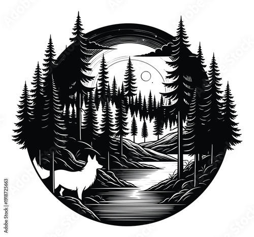 Black and white line art illustration of a fox in a tranquil pine forest depicting a serene nocturnal landscape for nature and wildlife designs