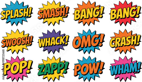 Colorful Comic Book Sound Effects Set with Splash Smash Bang Pop Text, Retro Cartoon Speech Bubbles and Pop Art Explosion Background Collection