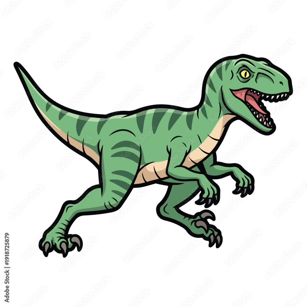 Obraz premium Green Cartoon Dinosaur Running with Open Mouth.