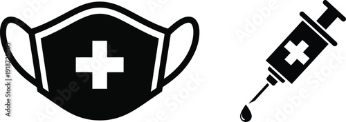 Medical face mask and syringe icons with cross symbol