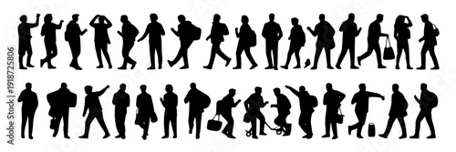 People silhouette set with diverse activities and postures in black and white featuring crowd, walking, standing with sitting and carrying elements for pushing, pulling projects, clean composition on