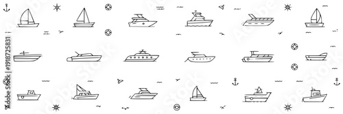 Boats line icon set with sailboats, yachts and ships in minimalist doodle style, thin outline strokes, nautical ocean travel symbols on white background