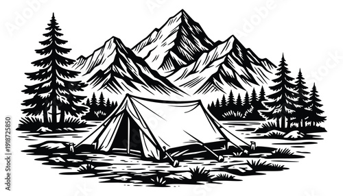 Line art illustration of a wilderness camping scene depicting a tent and mountains for outdoor recreation