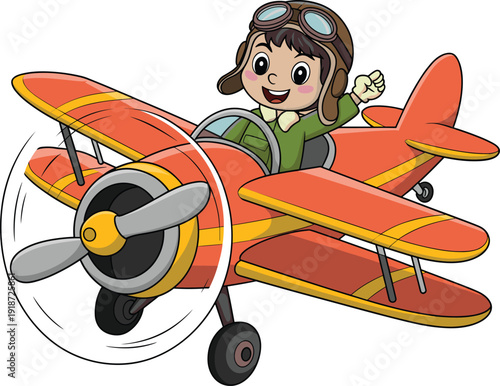 Cute cartoon boy pilot flying vintage red biplane airplane with spinning propeller, colorful aviation illustration isolated on white background for kids adventure design