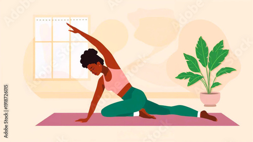 A woman practices yoga in a serene home environment with a plant nearby, vector illustration