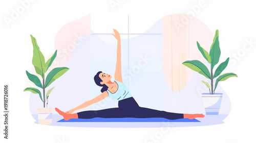 Woman practicing yoga in a serene environment with plants and a calm atmosphere, viewed from the side, illustration