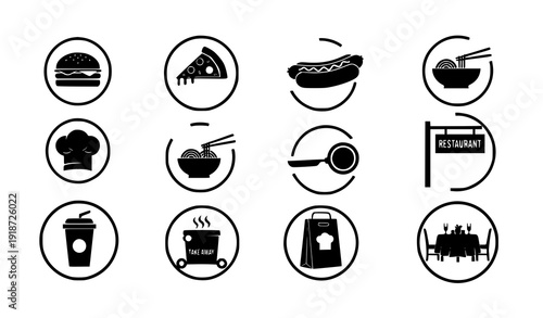 Restaurant And Fast Food Silhouette Icon Badge Set Kitchen Cooking And Delivery Vector Symbols Isolated On White Background