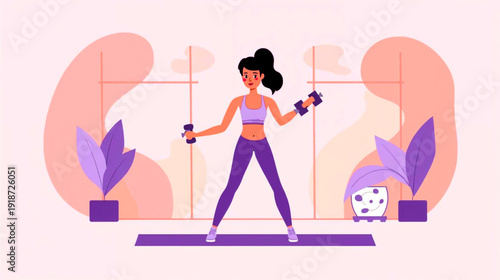 Woman Exercising with Dumbbells in a Serene Indoor Setting with Plants and Face Mask