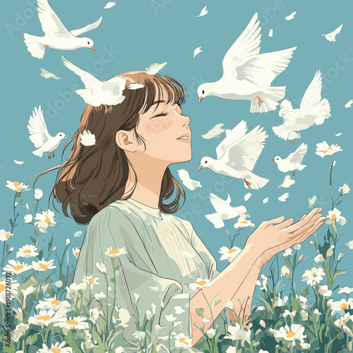 a girl surround with white doves at flower field, selfcare, selflove and freedom concept cute minimal style cartoon illustration  , vector style simple color