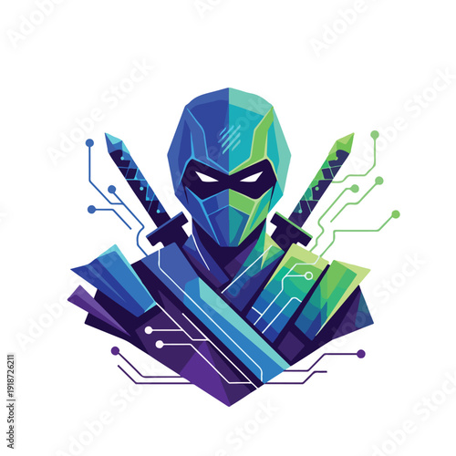 Geometric Ninja with Swords and Circuitry.