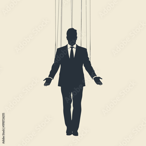 A dark silhouette of a businessman controlled by puppet strings, symbolizing manipulation, control, and lack of freedom , vector style simple color