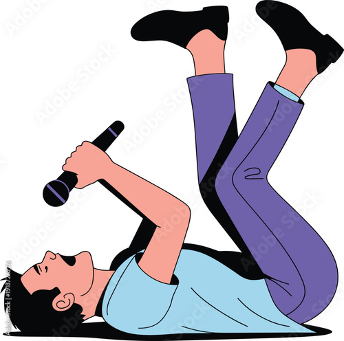 Energetic young male singer lying on back holding microphone and singing passionately in dynamic pose, modern flat vector illustration isolated on white background.