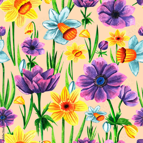 Seamless pattern with beautiful anemones and daffodils on peach background, watercolor floral design suitable for wallpaper, cards or fabric.