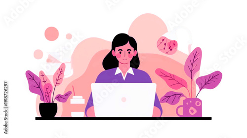 Woman working on laptop surrounded by plants and objects in a serene environment from a frontal viewpoint