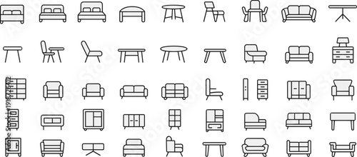 Furniture icon set collection featuring beds, sofas, chairs, tables and cabinets in blue outline style isolated on white background for interior design concepts