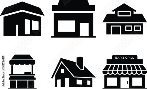 Collection of simple black and white building icons