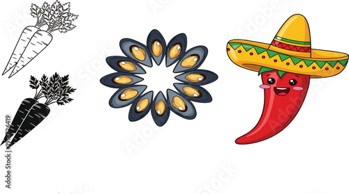 Cute Mexican Chili Pepper Character With Sombrero, Abstract Radial Shape And Hand Drawn Carrot Vector Illustration Set