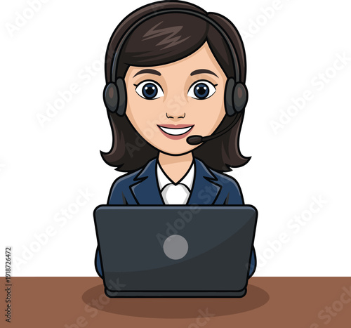 Professional female customer service representative wearing headset working on laptop at desk, online support agent avatar illustration, call center operator cartoon character isolated 