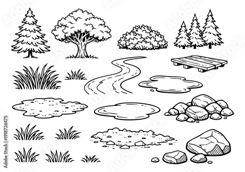 Hand drawn line art landscape elements set featuring trees, grass, rocks, path, and puddles for environment design