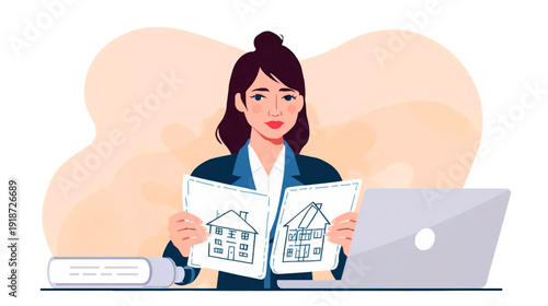 Woman reviewing architectural designs on papers beside a laptop, focusing on building plans in a professional setting