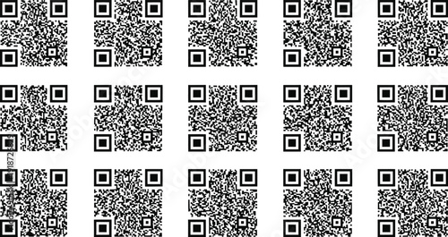 Fifteen different black and white square Quick Response codes are arranged in a three-by-five grid layout.