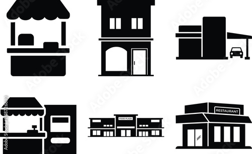 A collection of black and white storefronts and buildings