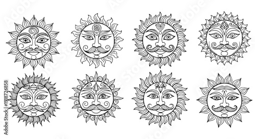 Hand drawn Sri Lankan sun face line drawing set for Sinhalese and Tamil New Year celebration vector
