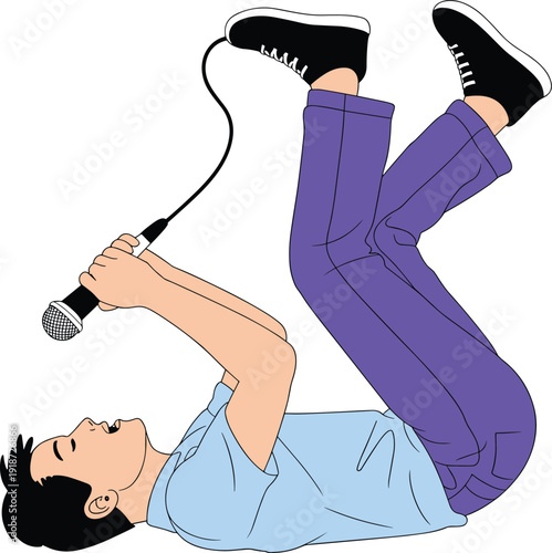 Young man lying on floor singing into microphone, flat vector illustration of passionate male vocalist performing music in casual outfit modern minimalist style design