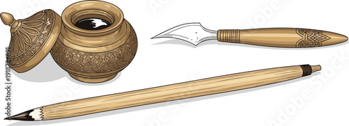 An antique bronze inkwell with a detailed lid sits next to a decorative metal dip pen and a traditional wooden calligraphy brush.