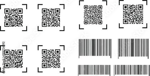 Multiple types of identification codes including four QR codes and various linear barcodes are displayed together on a white background.