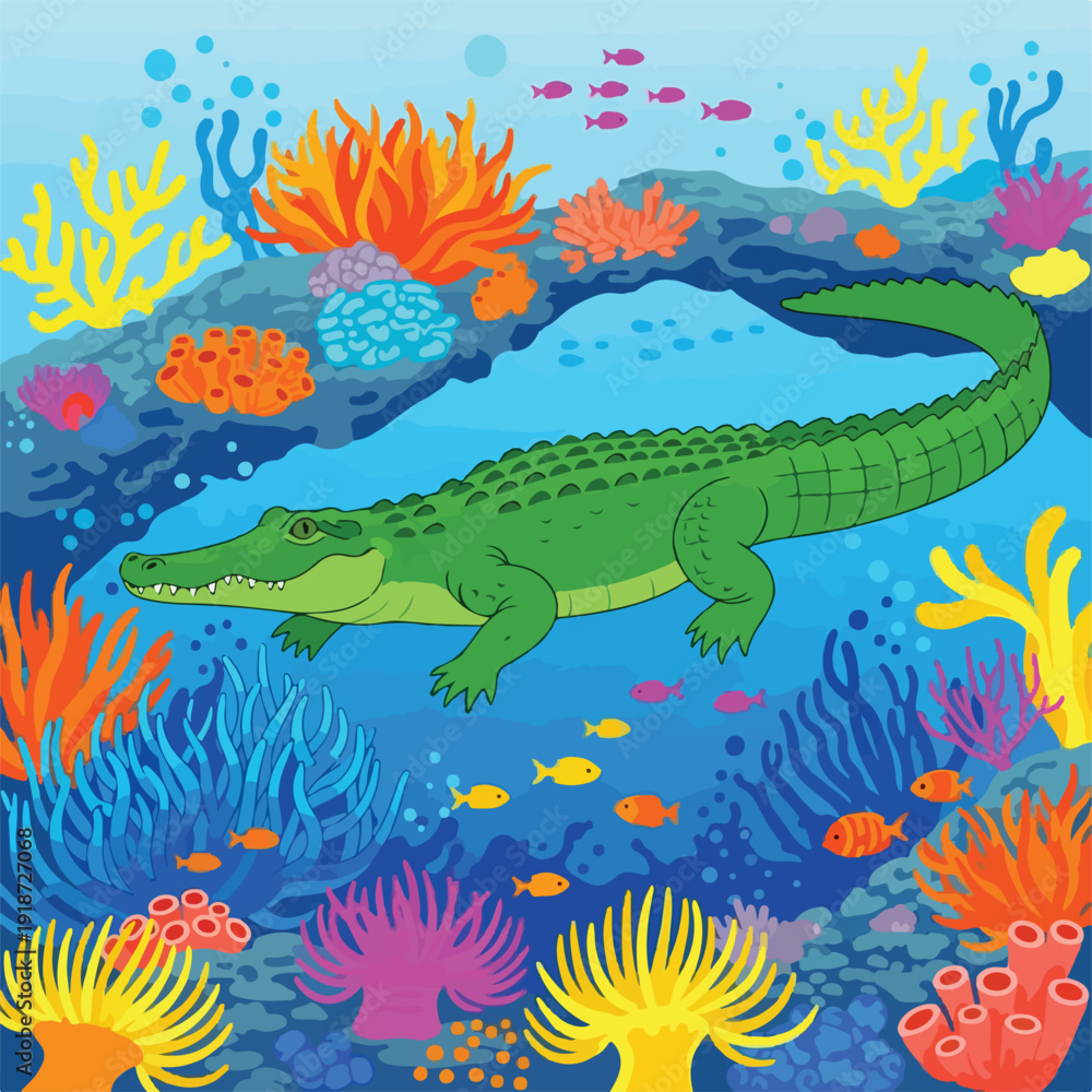 Fototapeta premium Green Crocodile Swimming in Ocean Water.