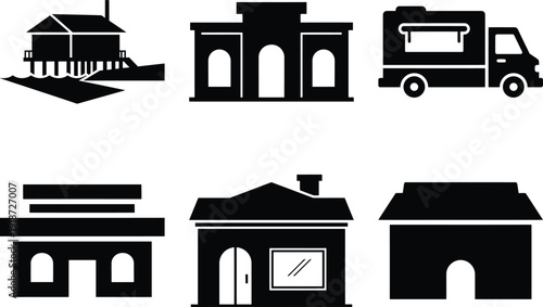 Black and white icons of various buildings and vehicles
