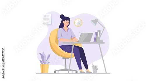 Woman working on laptop in modern office setting with ergonomic chair and desk accessories