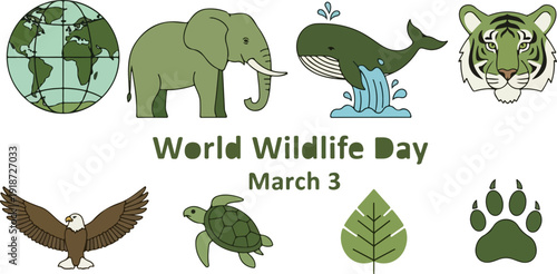 World wildlife day illustration with animals and earth march 3rd celebration