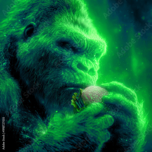 Giant gorilla holding burger with focused expression in blue light