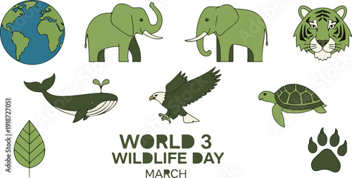 World wildlife day march eco friendly animals icons globe leaf paw print
