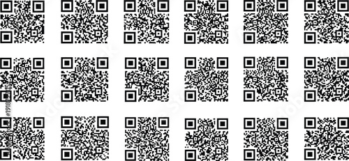 Numerous QR codes are displayed in a grid pattern on a white background.