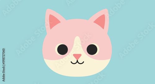 Cute pink cat face with smiling expression on light blue background simple flat design
