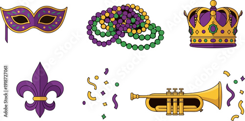 Mardi gras festive elements including purple mask beads crown fleur de lis trumpet and confetti on white background