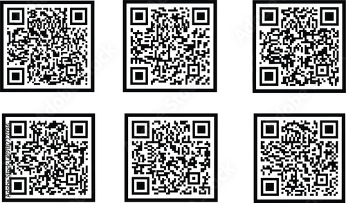 Six variations of densely packed, complex QR codes are presented in a three-by-two grid layout against a bright, isolated background.