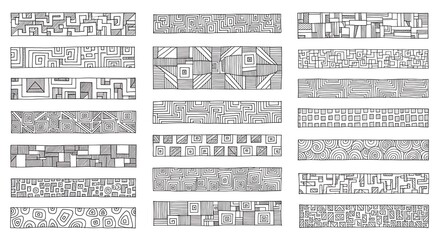 A diverse collection of hand-drawn abstract black and white border patterns, perfect for decorative elements, graphic design, scrapbooking, and creative projects.