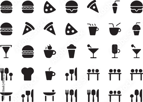 Black and white food and drink icons on white background