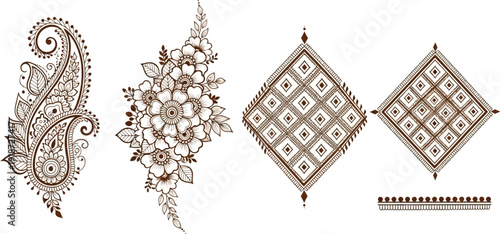 A collection of brown henna tattoo designs includes a paisley motif, a floral arrangement, and two geometric diamond patterns.