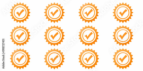 Eight orange badges with checkmarks arranged in a grid formation